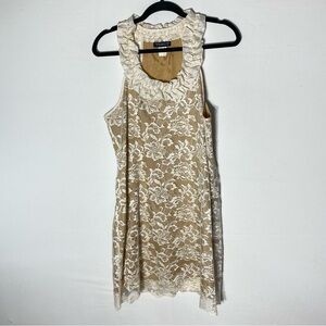 VENUS Tan Sleeveless Mini Dress Tunic Top W Cream Lace Overlay & Ruffle Neck 14